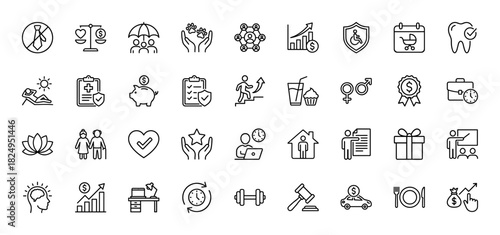 Health, finance, and lifestyle line icon set. Vector pictograms of umbrella, chart, tooth, calendar, dumbbell, and car, thin linear illustration.