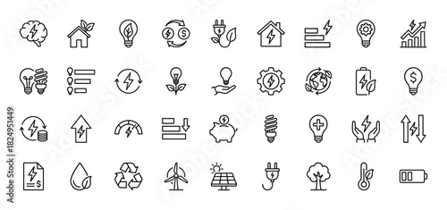 Energy line icon set. Vector pictograms of light bulbs, power plugs, solar panels, and wind turbines, thin linear illustration.