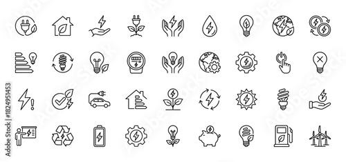 Energy saving and renewable power line icon set. Vector pictograms of lightbulbs, wind turbines, electric cars, and solar power, thin linear illustration.