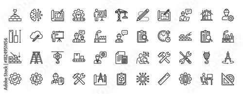 Engineering and construction line icon set. Vector pictograms of blueprint, bricklaying, crane, gears, and tools, thin linear illustration.