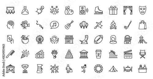 Entertainment and leisure line icon set. Vector pictograms of ice skate, camera, popcorn, megaphone, and gift, thin linear illustration.