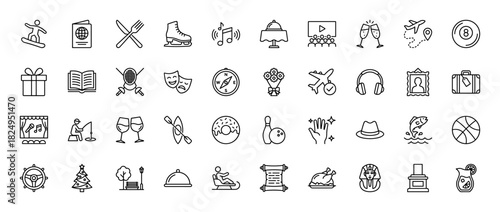 Entertainment and travel line icon set. Vector pictograms of ice skating, dinner, movies, music, and souvenirs, thin linear illustration.