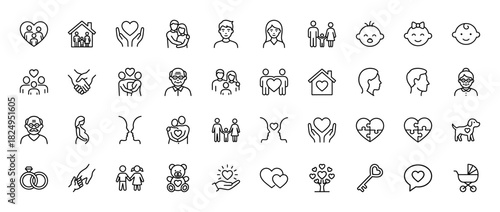 Family and relationship line icon set. Vector pictograms of parents, children, seniors, love, and care, thin linear illustration.