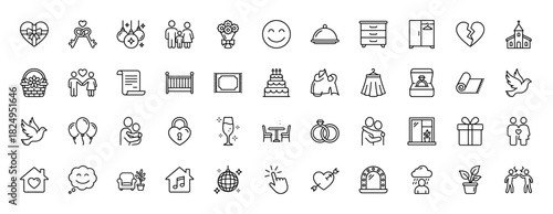 Love and relationship line icon set. Vector pictograms of rings, key, heart, house, and family, thin linear illustration.