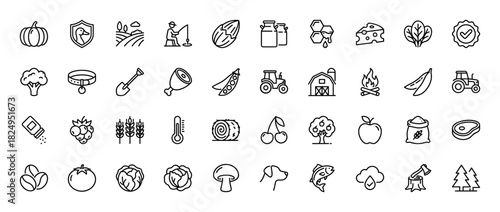 Agriculture and farming line icon set. vector pictograms of pumpkin, tractor, apple, meat, and vegetables, thin linear illustration.