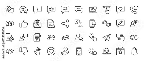 Feedback and communication line icon set. Vector pictograms of thumbs up, heart, star rating, message bubble, and mail envelope, thin linear illustration.