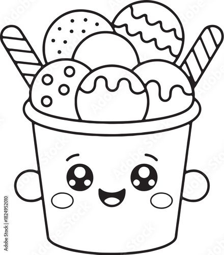 Sweet Treat Delight: A cheerful cartoon ice cream cup, brimming with colorful scoops, radiates pure joy. Perfect for adding a touch of sweetness to any design!