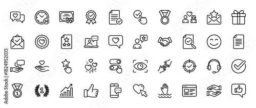 Positive feedback and customer satisfaction line icon set. Vector pictograms of loyalty, approval, quality, and support, thin linear illustration.