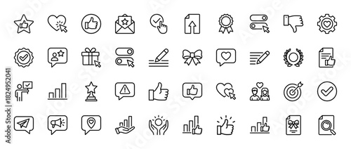 Feedback and rating outline icon set. Vector pictograms of thumbs up, heart, star, award, and notification, thin linear illustration.