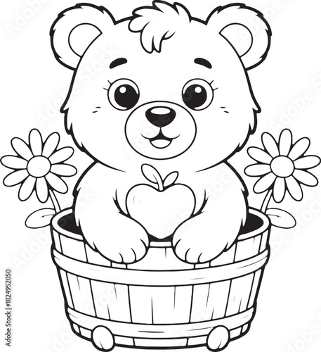 Cute Bear Illustration: A charming illustration depicts a delightful bear cub, cradling a heart-shaped apple, nestled within a wooden basket adorned with blooming daisies.