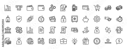 Finance line icon set. Vector pictograms of coins, charts, wallets, credit cards, safes, and banking, thin linear illustration.