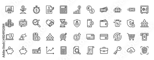 Finance and banking line icon set. Vector pictograms of dollar, calculator, credit card, wallet, and money exchange, thin linear illustration.
