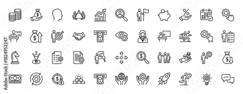 Business and finance line icon set. Vector pictograms of growth chart, handshake, piggy bank, target, and coin stacks, thin linear illustration.