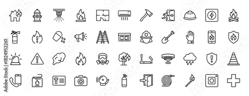 Safety and emergency line icon set. Vector pictograms of fire, alarm, extinguisher, helmet, and first aid, thin linear illustration.
