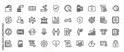 Finance and business line icon set. Vector pictograms of wallet, credit card, bank, money, security, and investment, thin linear illustration.