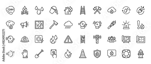 Fire safety and emergency line icon set. Vector pictograms of ladder, helmet, hydrant, axe, and flame, thin linear illustration.