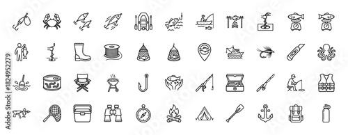 Fishing and camping line icon set. Vector pictograms of tackle, bait, boat, tent, campfire, and angler, thin linear illustration.