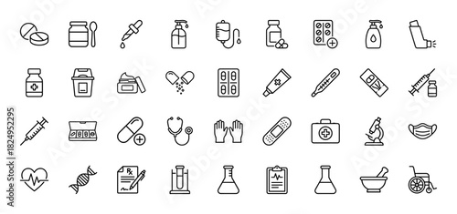 Medical healthcare line icon set. Vector pictograms of syringe, pills, stethoscope, dna, and wheelchair, thin linear illustration.