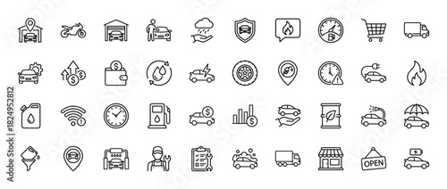 Automotive services line icon set. Vector pictograms of car wash, maintenance, insurance, fuel, and repair, thin linear illustration.