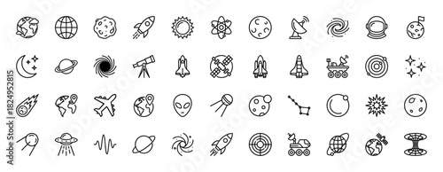 Space and astronomy line icon set. Vector pictograms of planets, rockets, satellites, and spacecraft, thin linear illustration.