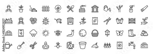 Gardening line icon set. vector pictograms of wheelbarrow, watering can, shovel, plants, and tools, thin linear illustration.