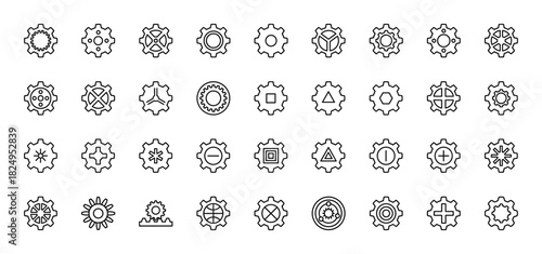 Engineering and technology line icon set. Vector pictograms of assorted mechanical gears and cogs, thin linear illustration.