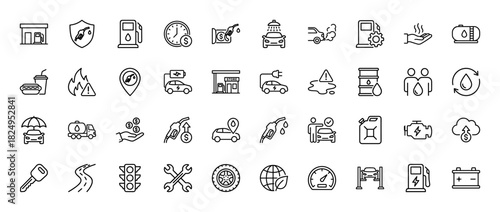 Automotive service and fuel economy line icon set. Vector pictograms of gas stations, electric vehicles, car wash, and repair tools, thin linear illustration.