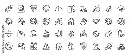 Environmental crisis line icon set. Vector pictograms of pollution, global warming, natural disasters, and ecological problems, thin linear illustration.