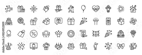 Celebration and gift line icon set. Vector pictograms of presents, balloons, confetti, fireworks, and cakes, thin linear illustration.