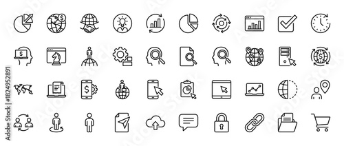 Business and data analysis line icon set. Vector pictograms of charts, gear, globe, and folder, thin linear illustration.