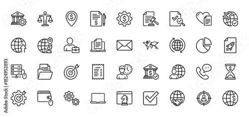 Business and finance line icon set. Vector pictograms of bank, contract, globe, rocket, target, chart, wallet, gear, laptop, handshake, thin linear illustration.