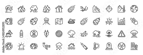 Natural disasters, climate change, and war outline icon set. Vector pictograms of fire, earthquake, flood, explosion, and global warming, thin linear illustration.