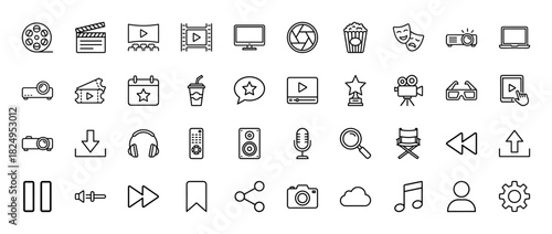 Entertainment and cinema line icon set. Vector pictograms of camera, ticket, popcorn, screen, and director's chair, thin linear illustration.