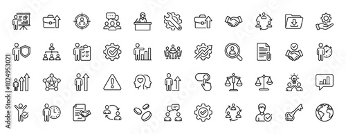 Business management and human resources line icon set. Vector pictograms of teamwork, gears, briefcases, growth charts, and handshake, thin linear illustration.
