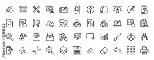 Graphic design and creative tools line icon set. Vector pictograms of pen tool, color palette, ruler, and digital drawing tablet, thin linear illustration.