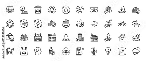 Ecology and environment line icon set. Vector pictograms of solar panels, recycling, electric vehicles, and green city buildings, thin linear illustration.