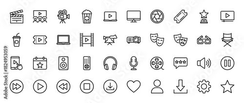 Entertainment and media line icon set. Vector pictograms of cinema, film, audio, video, and device controls, thin linear illustration.