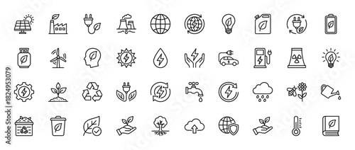 Ecology and green energy line icon set. Vector pictograms of solar panel, wind turbine, recycling, electric car, battery, sustainable power, thin linear illustration