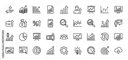 Business growth and finance line icon set. Vector pictograms of chart, graph, money, investment, profit, analysis, strategy, target and success, thin linear illustration.