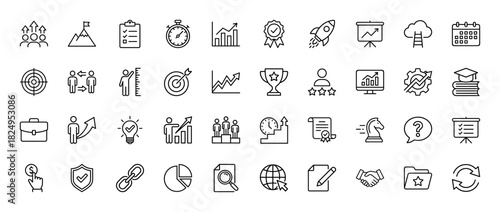 Business and strategy line icon set. Vector pictograms of charts, gear, target, handshake, and briefcase, thin linear illustration.