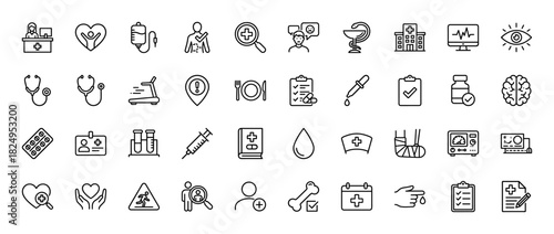 Medical healthcare line icon set. Vector pictograms of doctor, nurse, hospital, syringe, stethoscope, medicine, pill, brain, heart, test tube, thin linear illustration.
