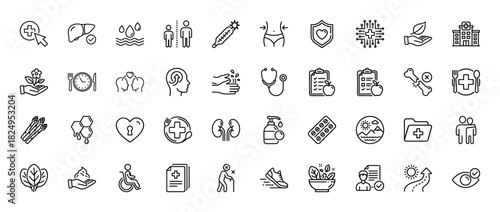 Medical and health line icon set. Vector pictograms of fitness, dieting, sleep, and checkups, thin linear illustration.