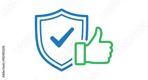 Security shield with a checkmark and a thumbs up gesture representing approval