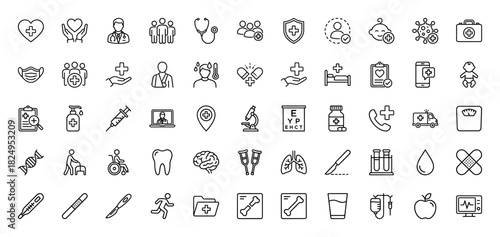 Medical and healthcare line icon set. Vector pictograms of stethoscope, syringe, doctor, hospital, ambulance, virus, dna, tooth, x-ray, pills, thin linear illustration.