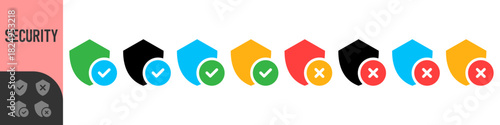 Set of colorful shield check and error icons for UI UX, apps, dashboards and security status indicators. Perfect for approvals, warnings, system messages and notifications