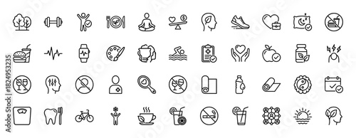 Health and wellness line icon set. Vector pictograms of fitness, diet, sleep, and medical care, thin linear illustration.
