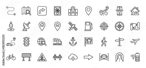 Navigation and map line icon set. Vector pictograms of GPS, location pin, route, transportation, compass, traffic light, satellite, signpost. Thin linear illustration.