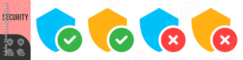 Set of colorful shield check and error icons for UI UX, apps, dashboards and security status indicators. Perfect for approvals, warnings, system messages and notifications