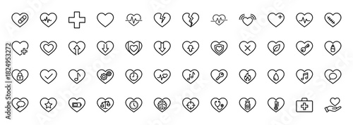 Heart shape line icon set. Vector pictograms of love, pulse, bandage, shield, music, lock, key, brain, thermometer, stethoscope and kit, thin linear illustration.