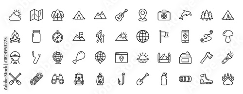 Camping and hiking line icon set. Vector pictograms of tent, campfire, compass, backpack, mountains, boot, lantern, forest and outdoor gear, thin linear illustration.